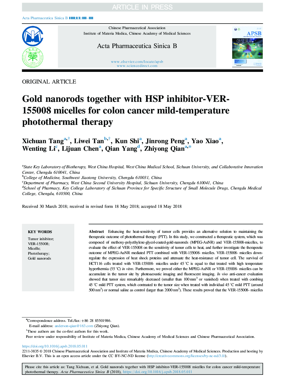 Gold nanorods together with HSP inhibitor-VER-155008 micelles for colon cancer mild-temperature photothermal therapy