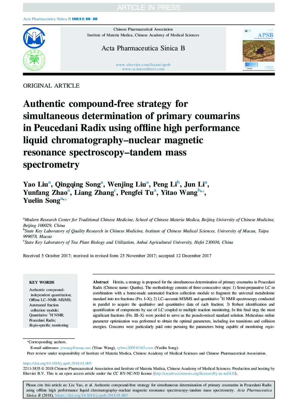 Authentic compound-free strategy for simultaneous determination of primary coumarins in Peucedani Radix using offline high performance liquid chromatography-nuclear magnetic resonance spectroscopy-tandem mass spectrometry