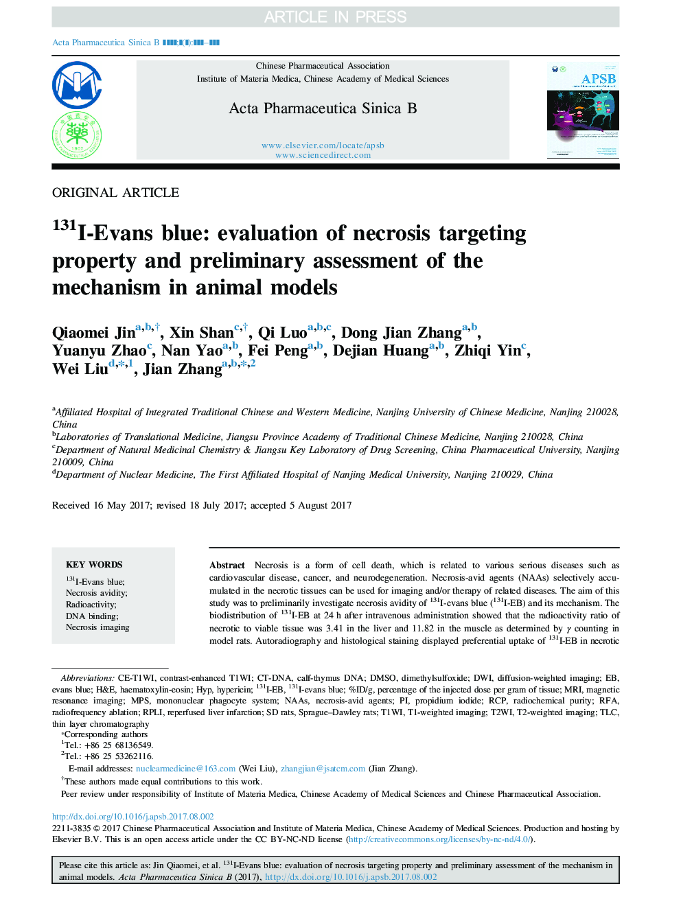 131I-Evans blue: evaluation of necrosis targeting property and preliminary assessment of the mechanism in animal models