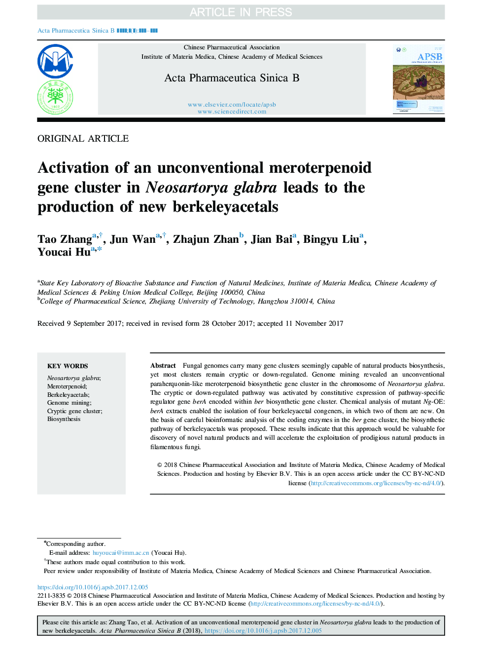 Activation of an unconventional meroterpenoid gene cluster in Neosartorya glabra leads to the production of new berkeleyacetals