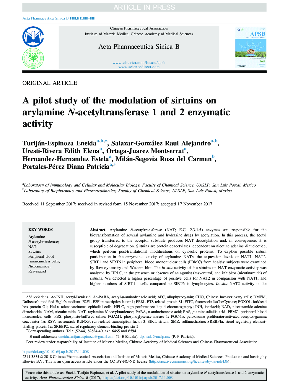 A pilot study of the modulation of sirtuins on arylamine N-acetyltransferase 1 and 2 enzymatic activity