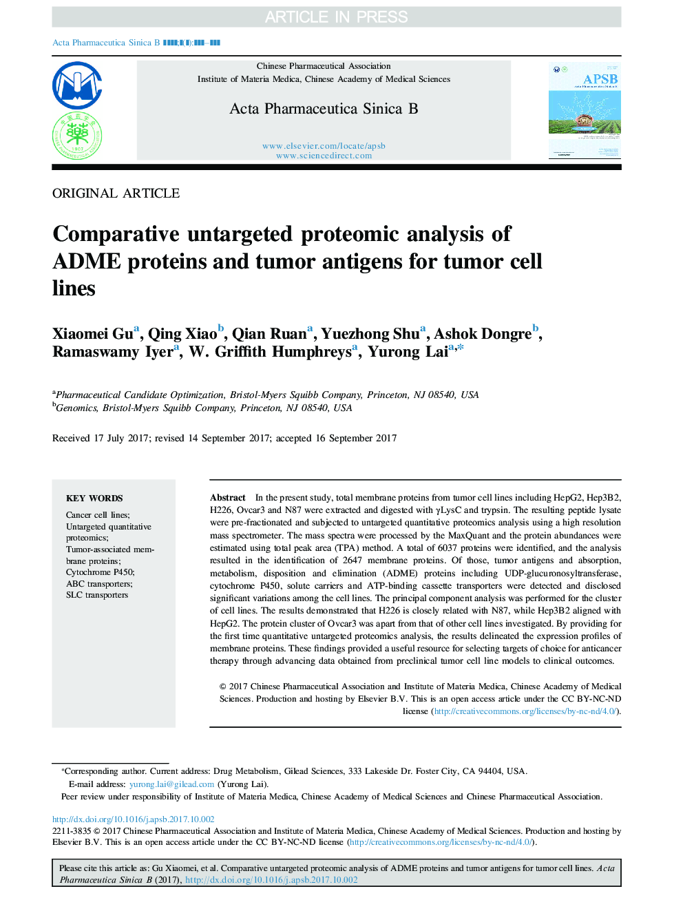 Comparative untargeted proteomic analysis of ADME proteins and tumor antigens for tumor cell lines