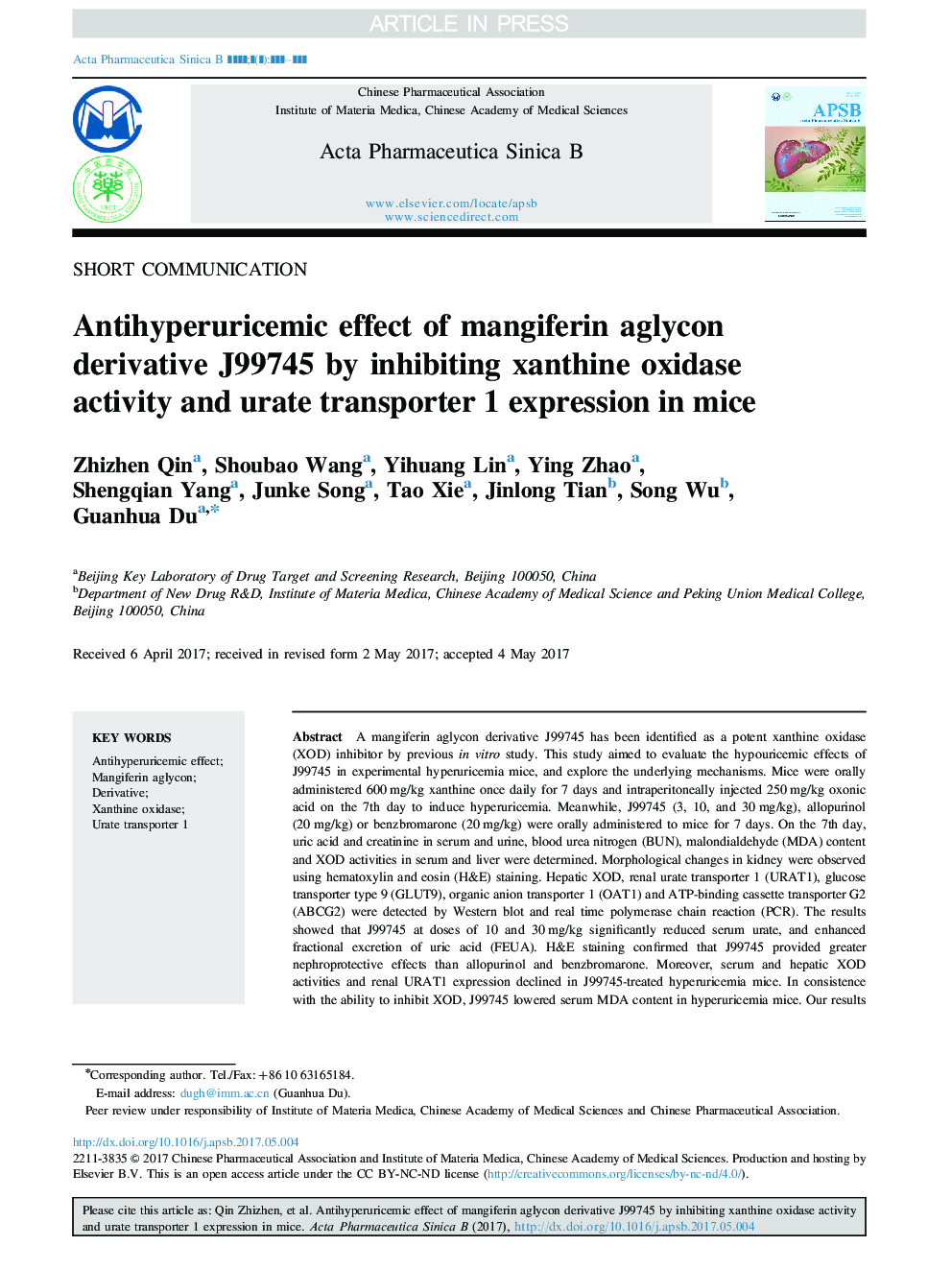 Antihyperuricemic effect of mangiferin aglycon derivative J99745 by inhibiting xanthine oxidase activity and urate transporter 1 expression in mice