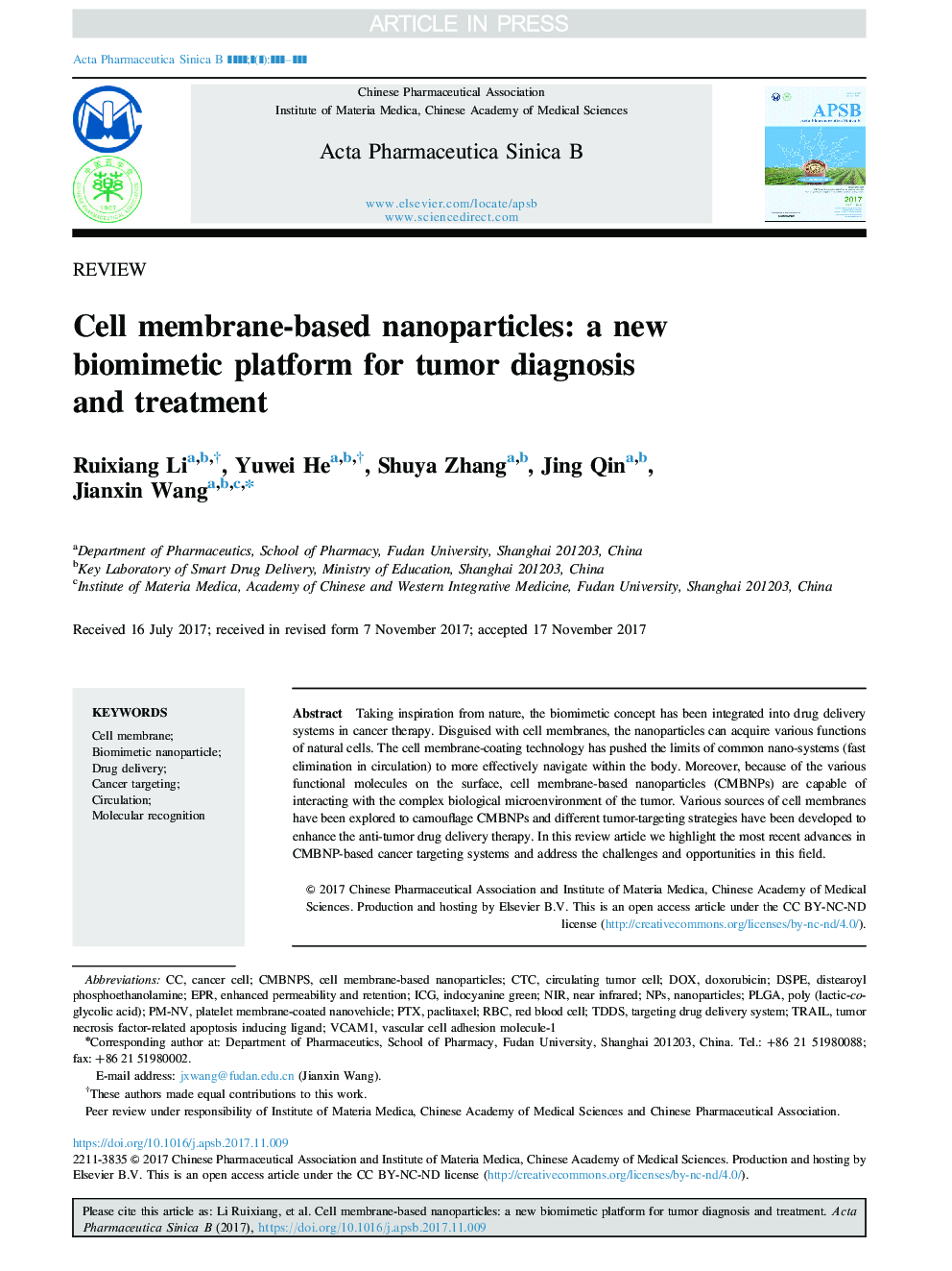 Cell membrane-based nanoparticles: a new biomimetic platform for tumor diagnosis and treatment