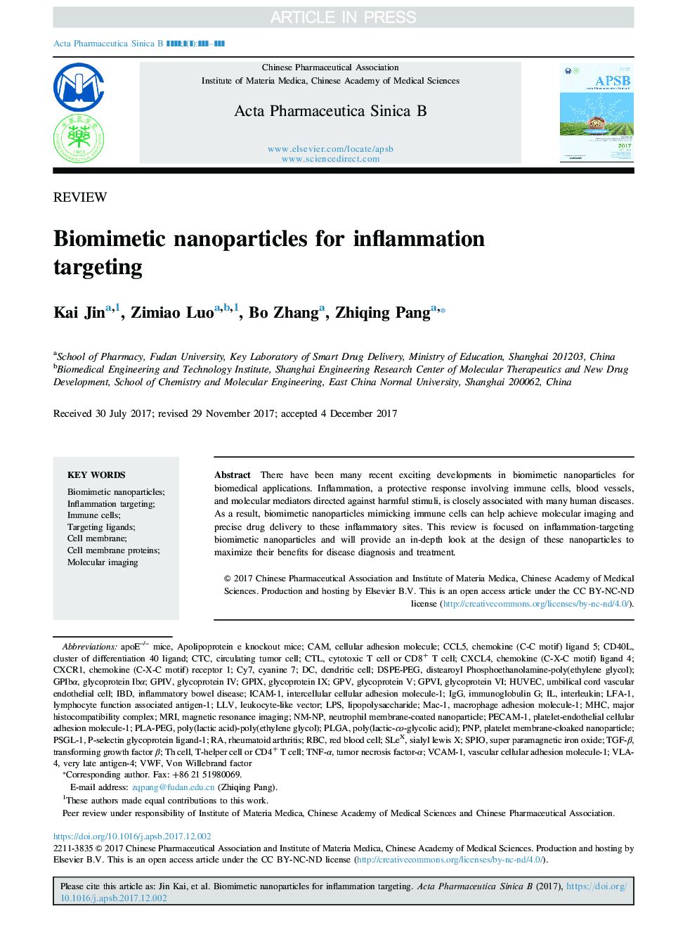 Biomimetic nanoparticles for inflammation targeting