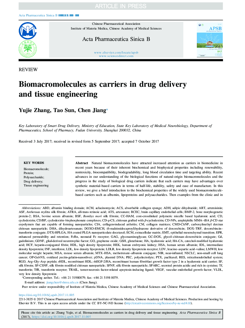 Biomacromolecules as carriers in drug delivery and tissue engineering