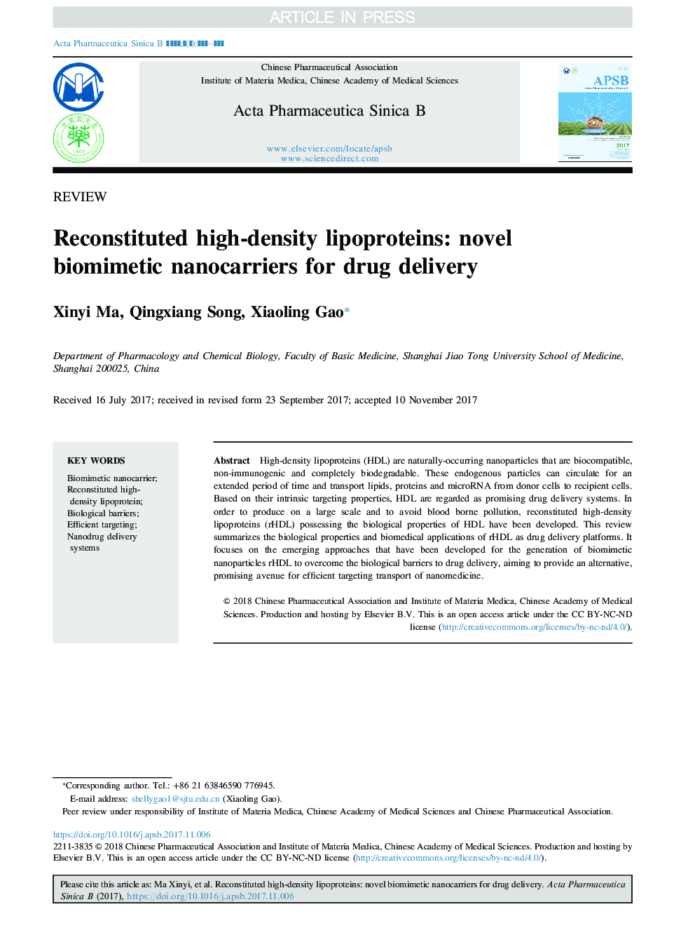 Reconstituted high-density lipoproteins: novel biomimetic nanocarriers for drug delivery