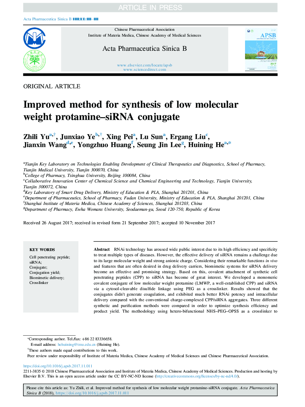 Improved method for synthesis of low molecular weight protamine-siRNA conjugate