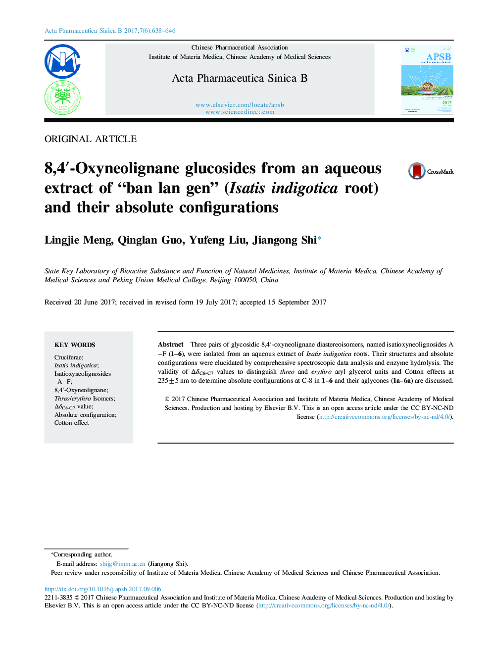 8,4â²-Oxyneolignane glucosides from an aqueous extract of “ban lan gen” (Isatis indigotica root) and their absolute configurations