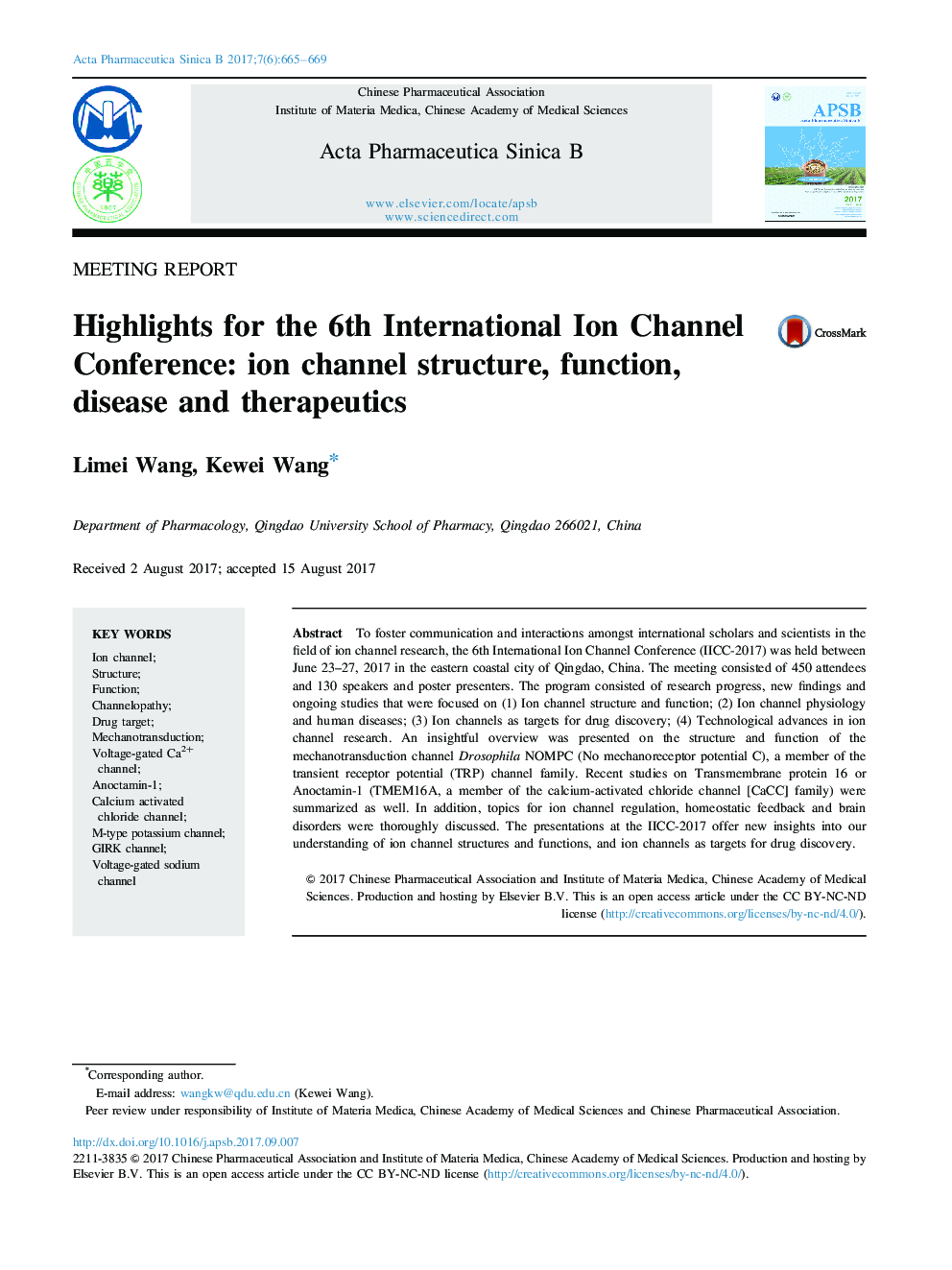 Highlights for the 6th International Ion Channel Conference: ion channel structure, function, disease and therapeutics