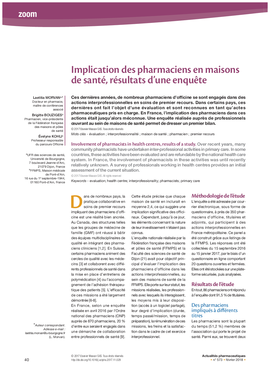 Implication des pharmaciens en maisons de santé, résultats d'une enquÃªte