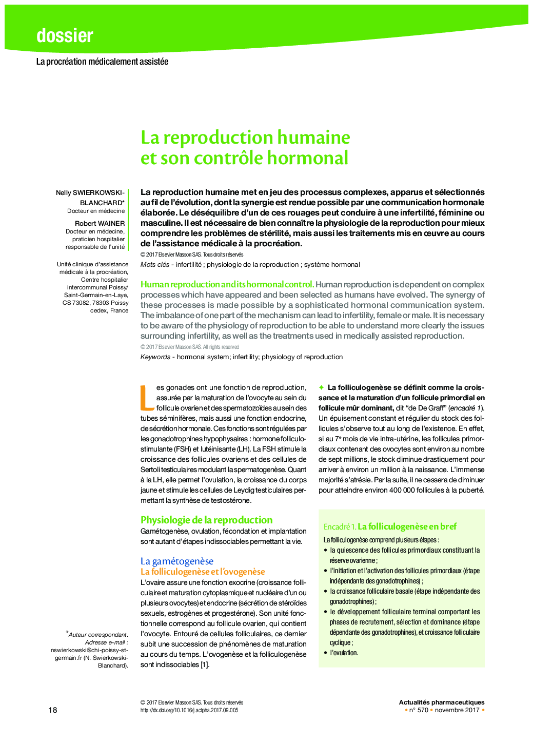 La reproduction humaine et son contrÃ´le hormonal