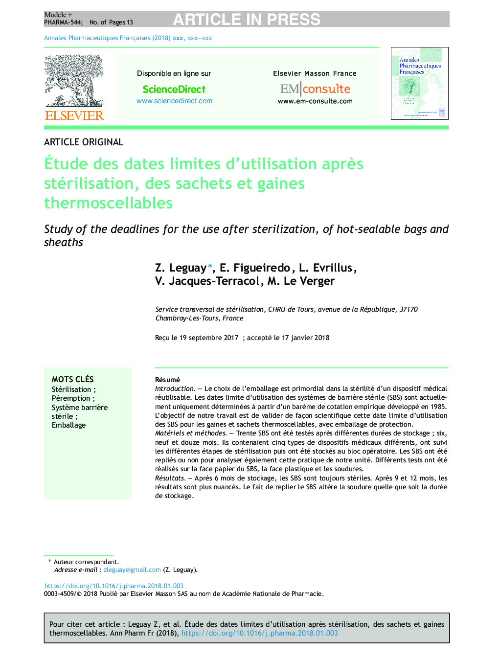 Ãtude des dates limites d'utilisation aprÃ¨s stérilisation des sachets et gaines thermoscellables