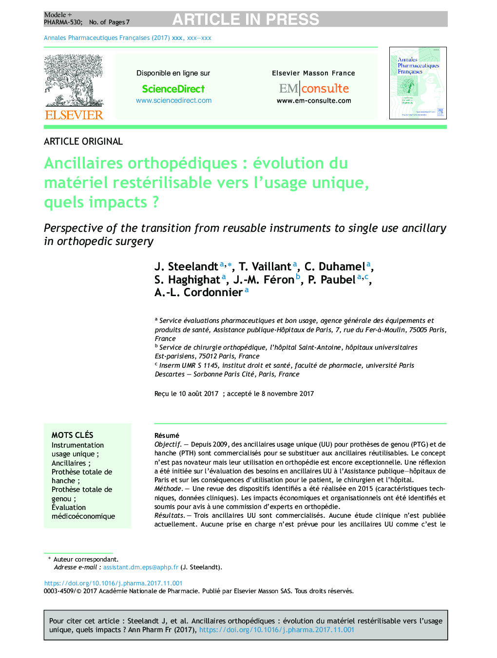 عکس صفحه اول مقاله: Ancillaires orthopédiques : évolution du matériel restérilisable vers l'usage unique, quels impacts ? Ancillaires orthopédiques : évolution du matériel restérilisable vers l'usage unique, quels impacts ?