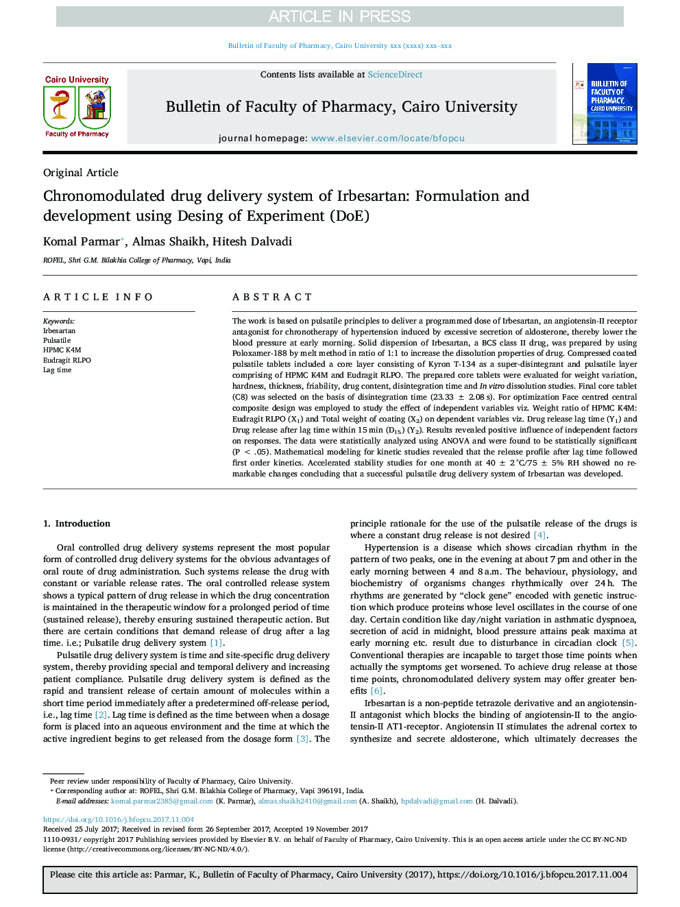 Chronomodulated drug delivery system of Irbesartan: Formulation and development using Desing of Experiment (DoE)