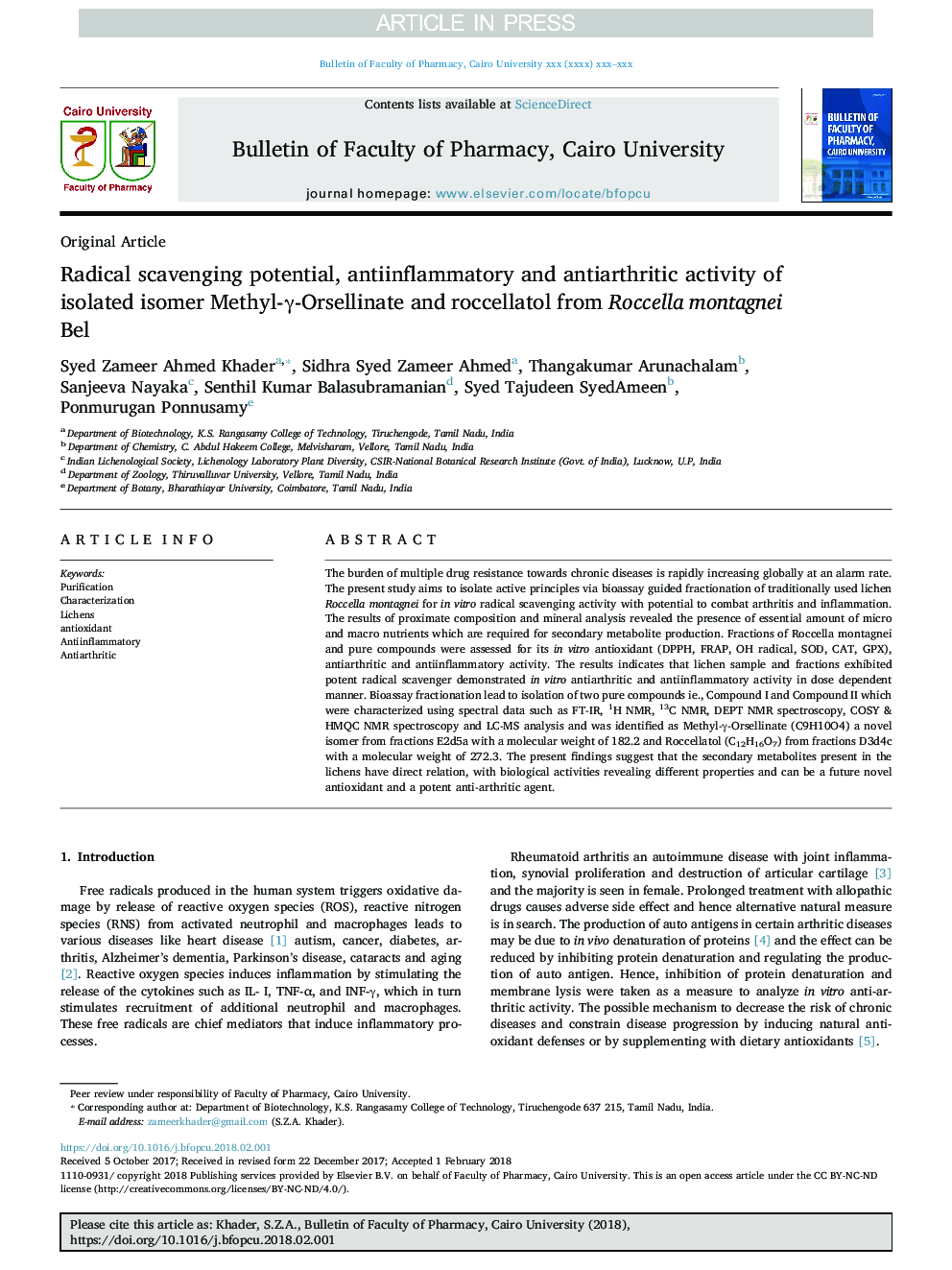 Radical scavenging potential, antiinflammatory and antiarthritic activity of isolated isomer Methyl-Î³-Orsellinate and roccellatol from Roccella montagnei Bel