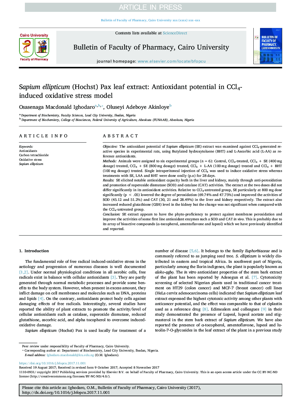 Sapium ellipticum (Hochst) Pax leaf extract: Antioxidant potential in CCl4-induced oxidative stress model