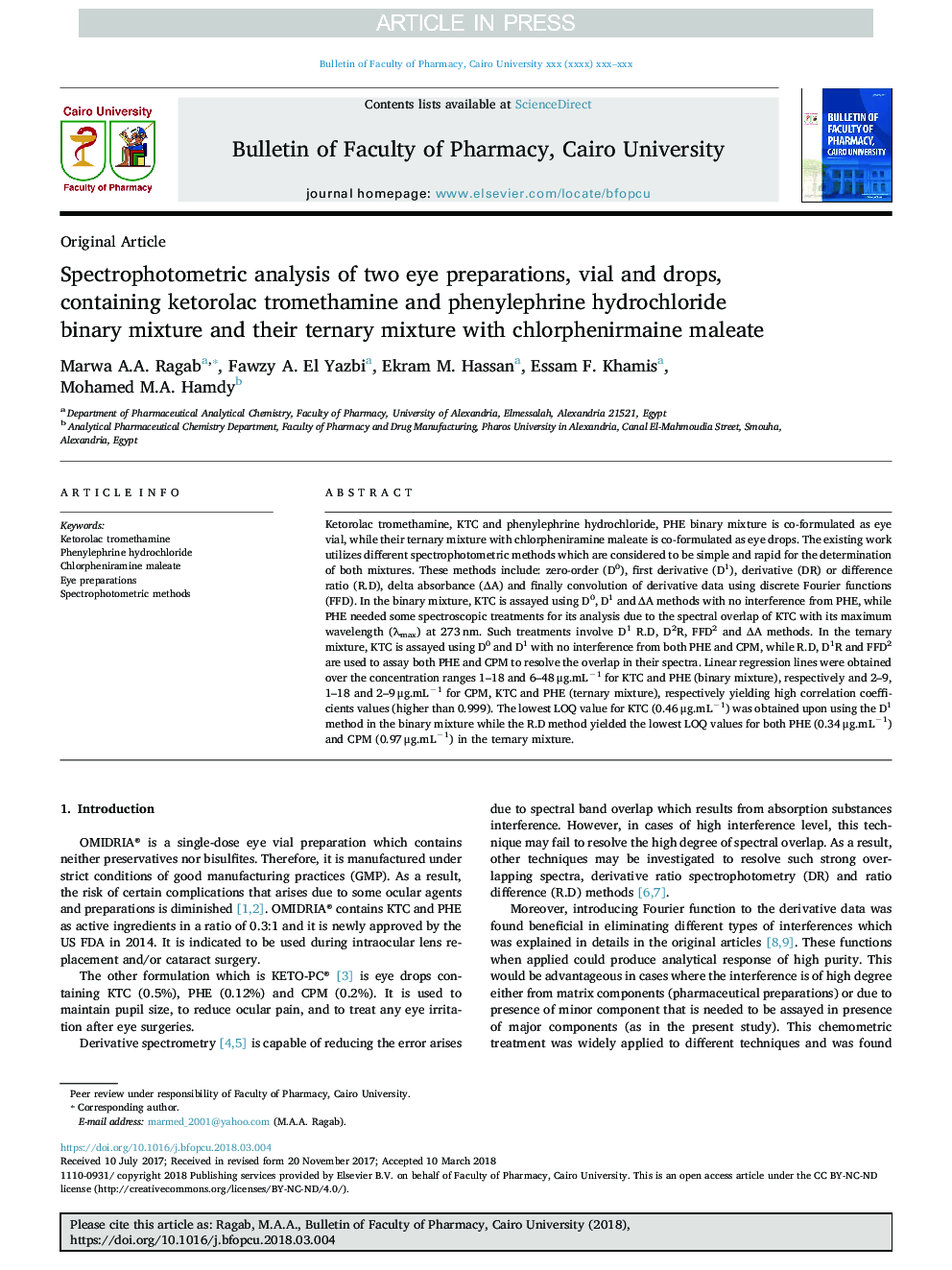 Spectrophotometric analysis of two eye preparations, vial and drops, containing ketorolac tromethamine and phenylephrine hydrochloride binary mixture and their ternary mixture with chlorphenirmaine maleate