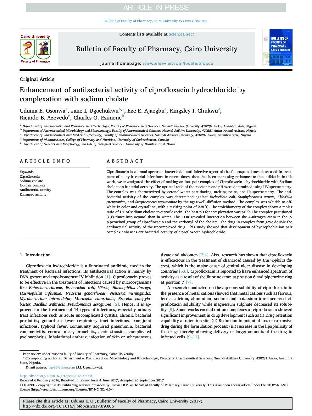 Enhancement of antibacterial activity of ciprofloxacin hydrochloride by complexation with sodium cholate