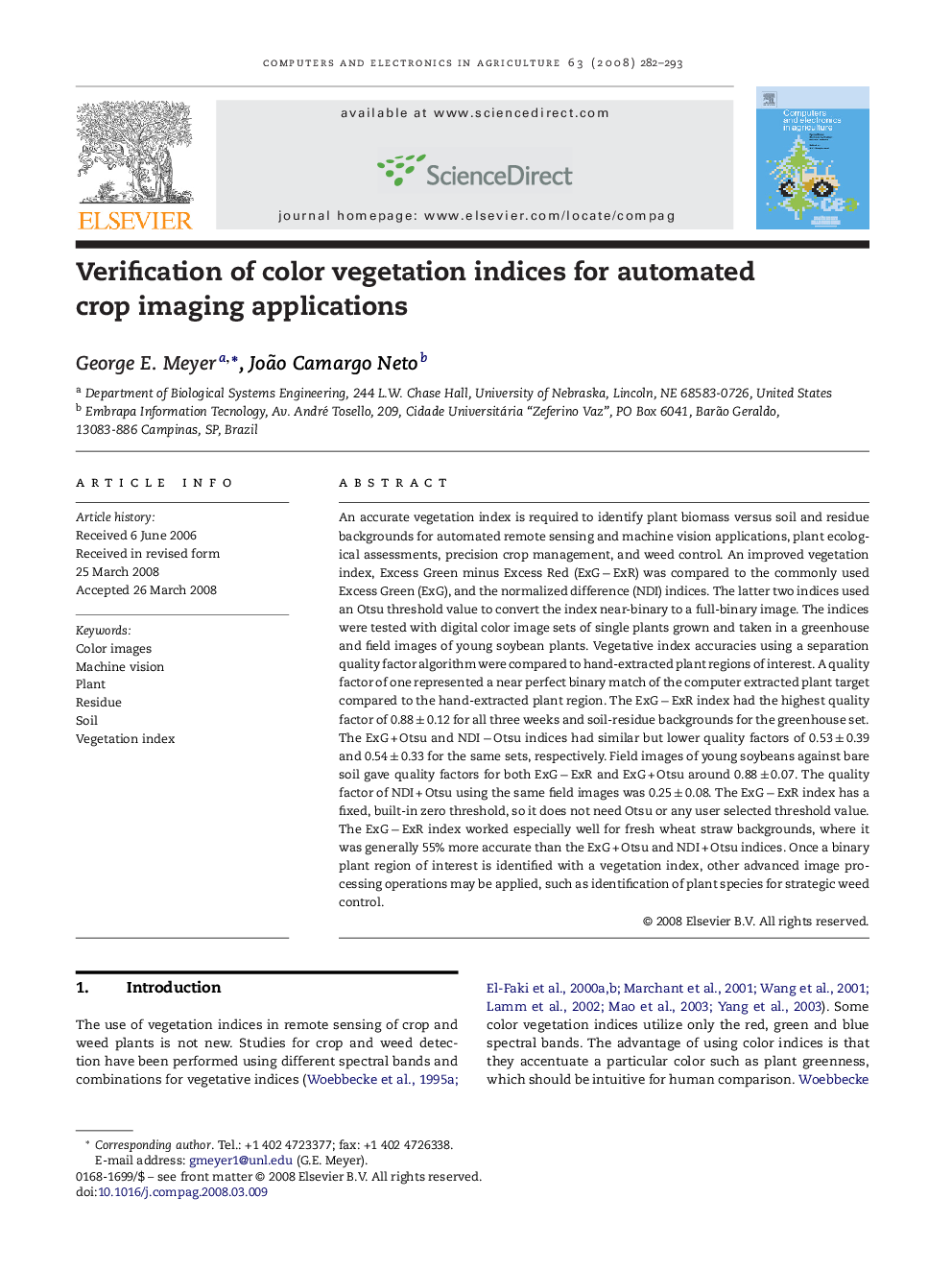 Verification of color vegetation indices for automated crop imaging applications