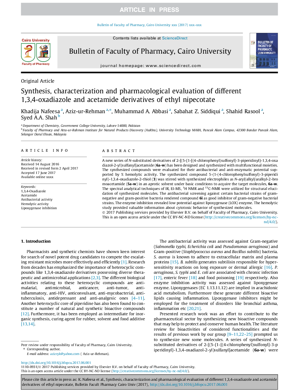 Synthesis, characterization and pharmacological evaluation of different 1,3,4-oxadiazole and acetamide derivatives of ethyl nipecotate