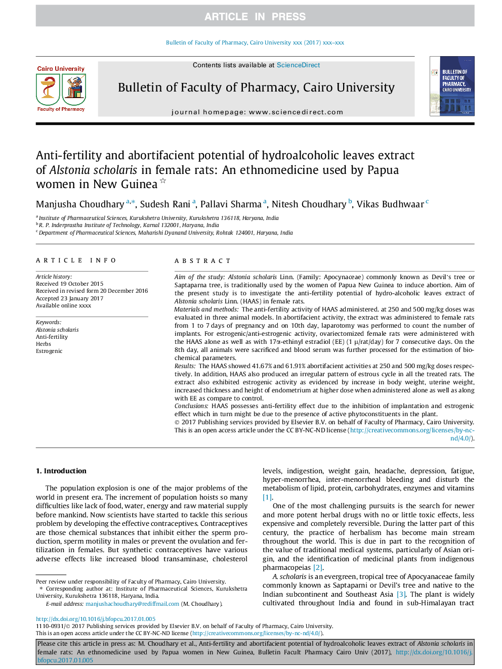 Anti-fertility and abortifacient potential of hydroalcoholic leaves extract of Alstonia scholaris in female rats: An ethnomedicine used by Papua women in New Guinea