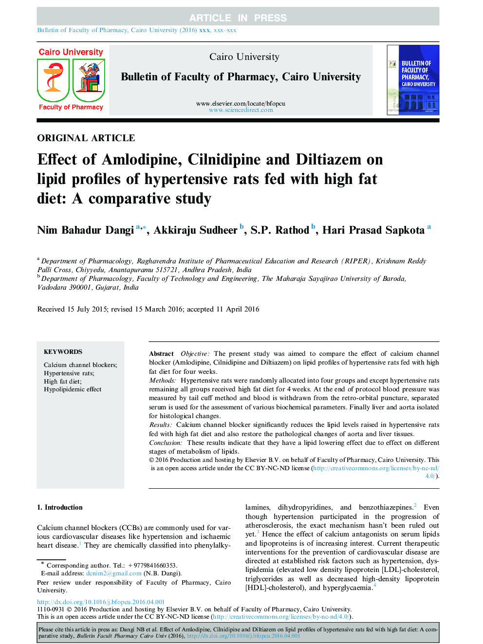 Effect of Amlodipine, Cilnidipine and Diltiazem on lipid profiles of hypertensive rats fed with high fat diet: A comparative study