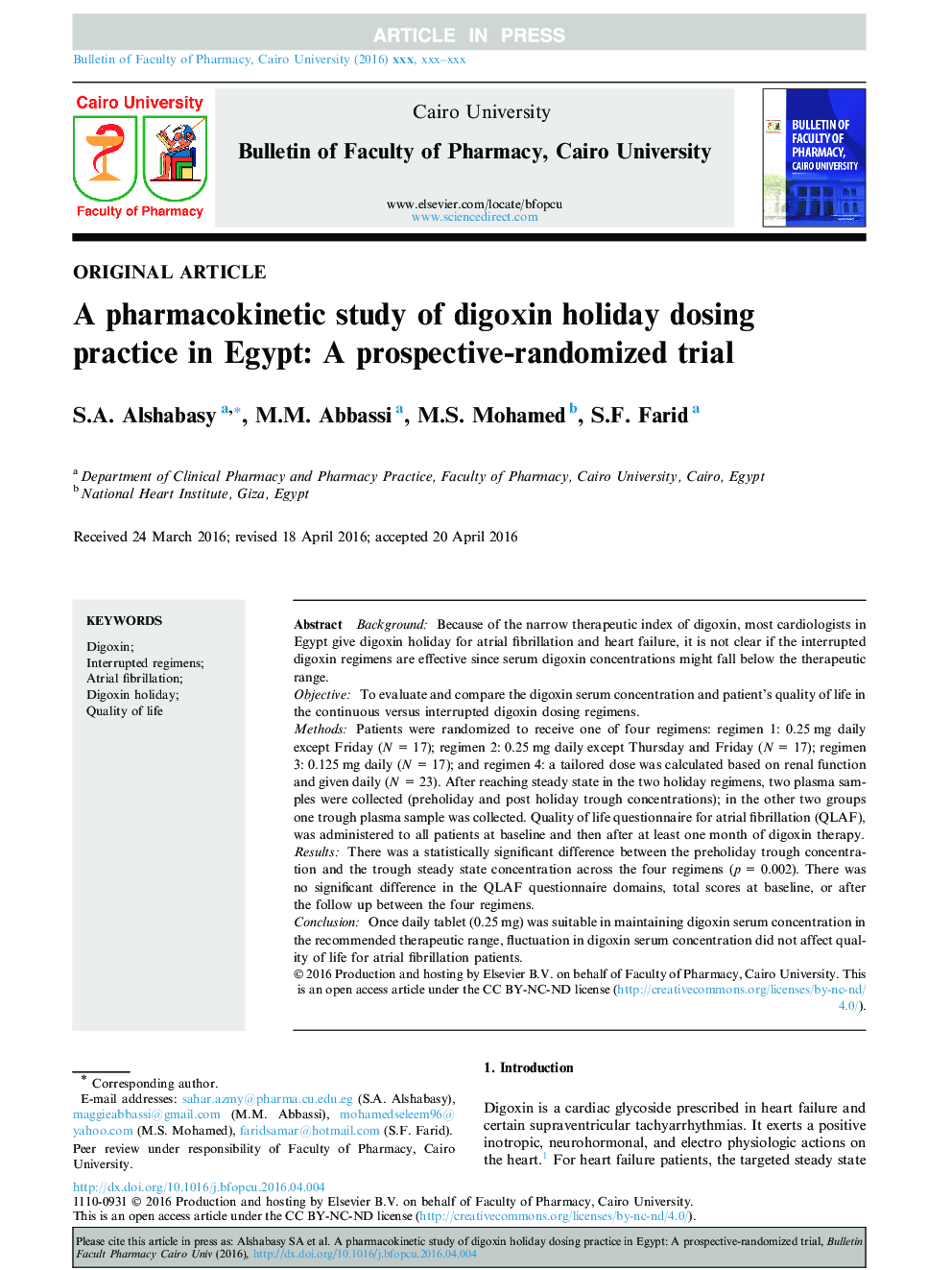 A pharmacokinetic study of digoxin holiday dosing practice in Egypt: A prospective-randomized trial