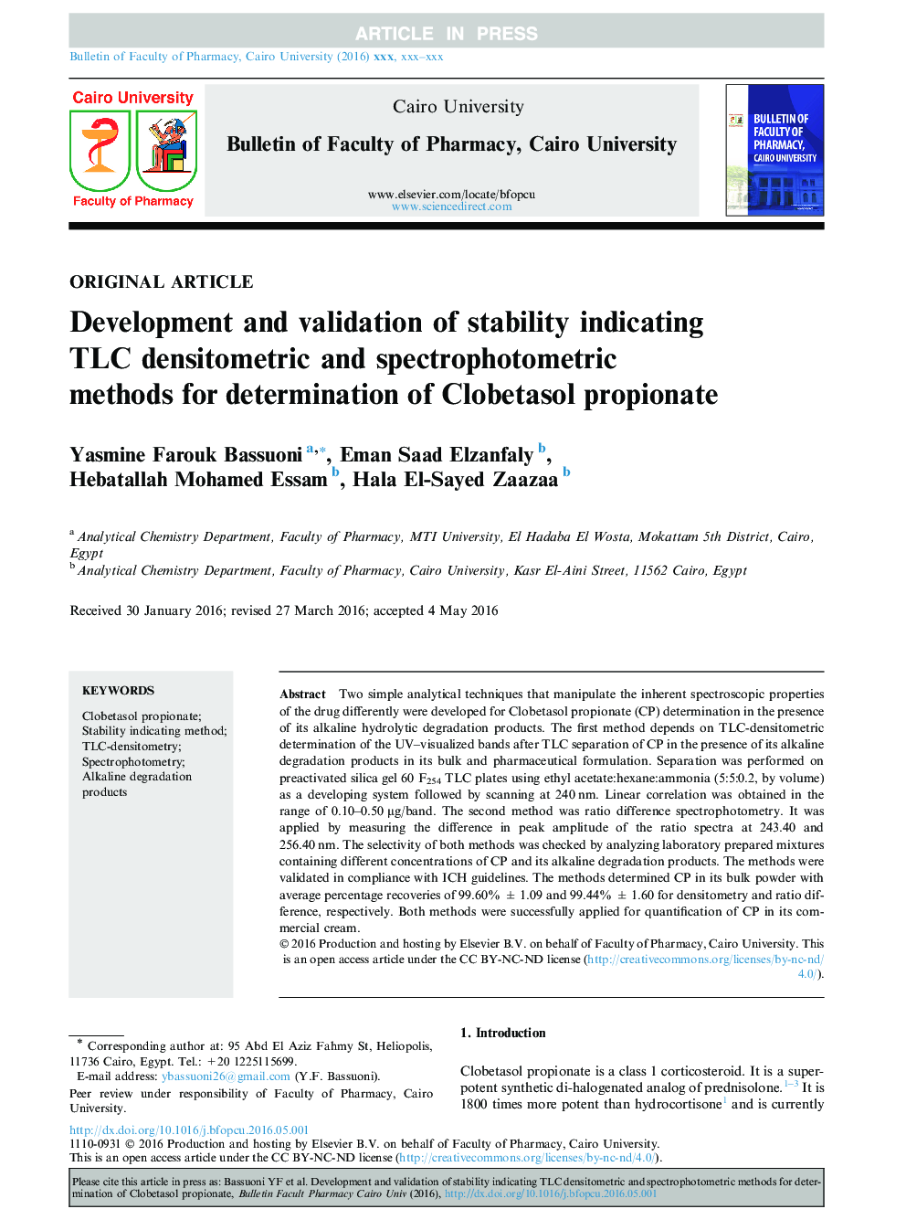 Development and validation of stability indicating TLC densitometric and spectrophotometric methods for determination of Clobetasol propionate
