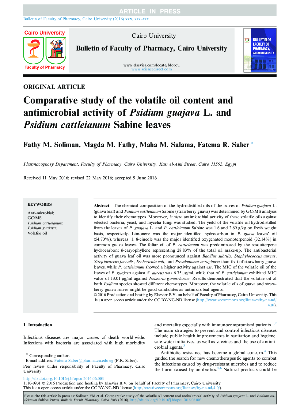 Comparative study of the volatile oil content and antimicrobial activity of Psidium guajava L. and Psidium cattleianum Sabine leaves