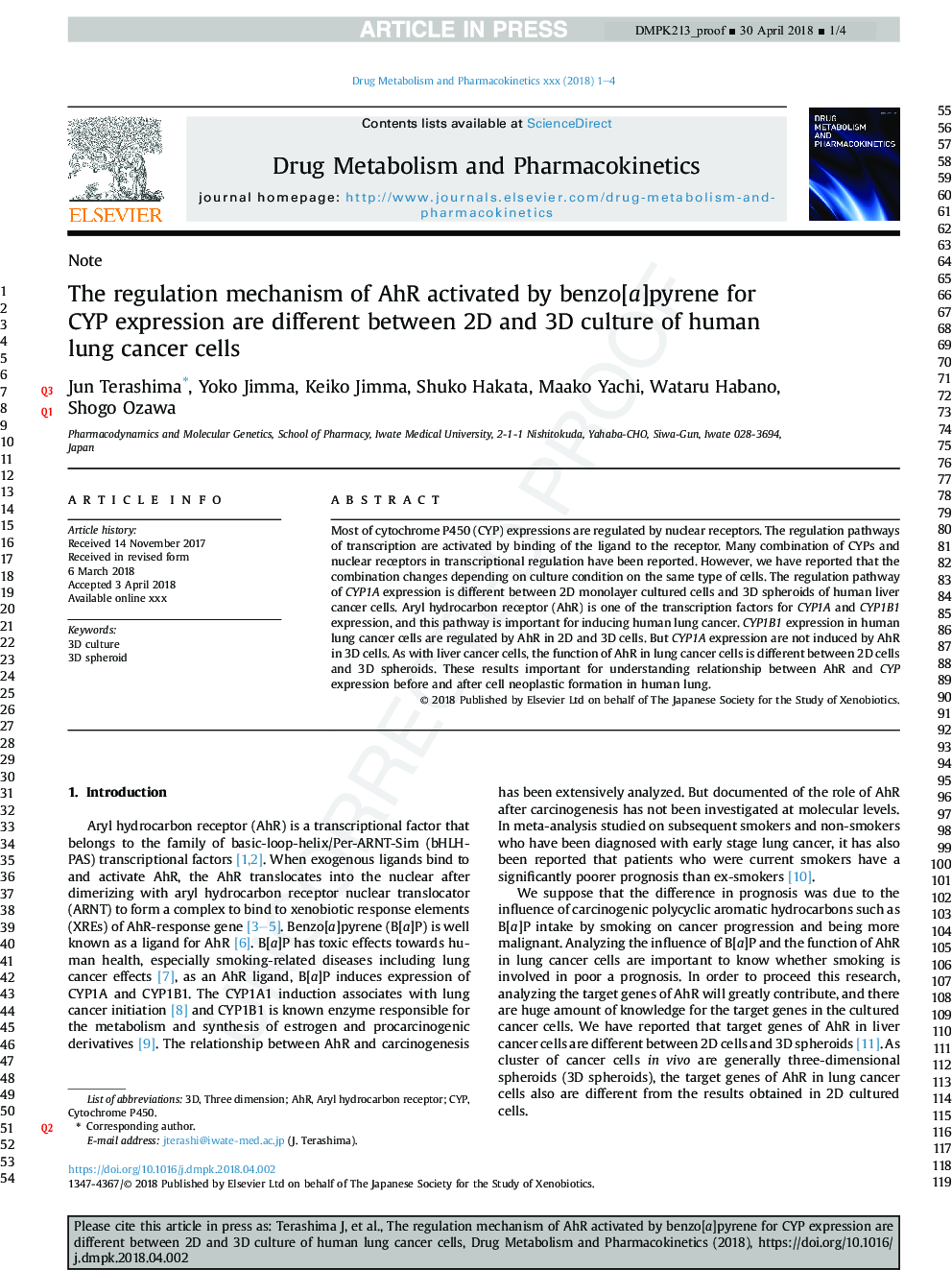 The regulation mechanism of AhR activated by benzo[a]pyrene for CYP expression are different between 2D and 3D culture of human lung cancer cells