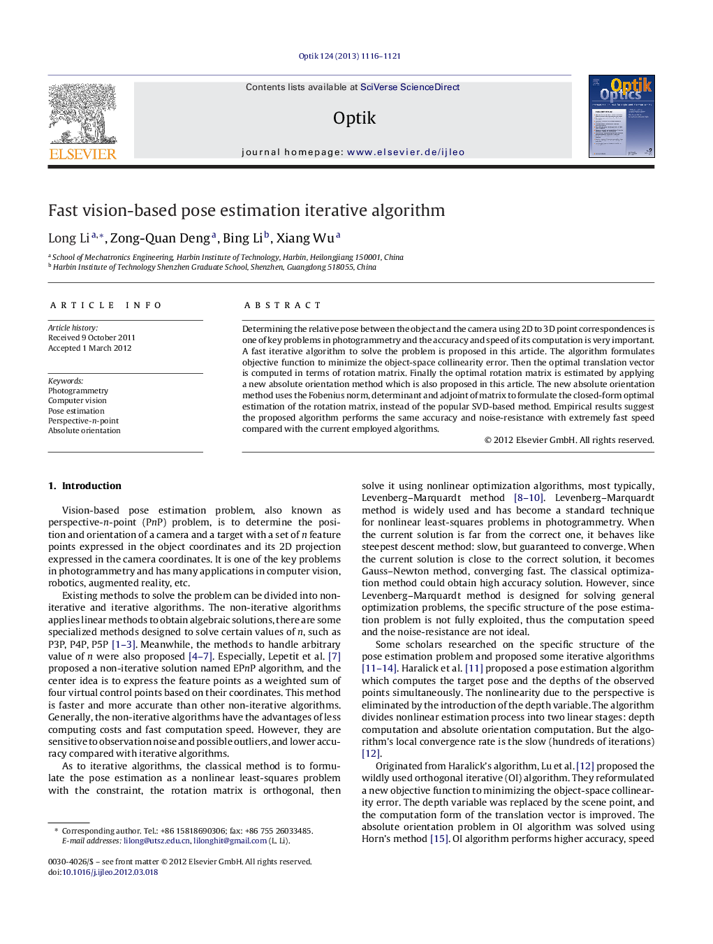 Fast vision-based pose estimation iterative algorithm