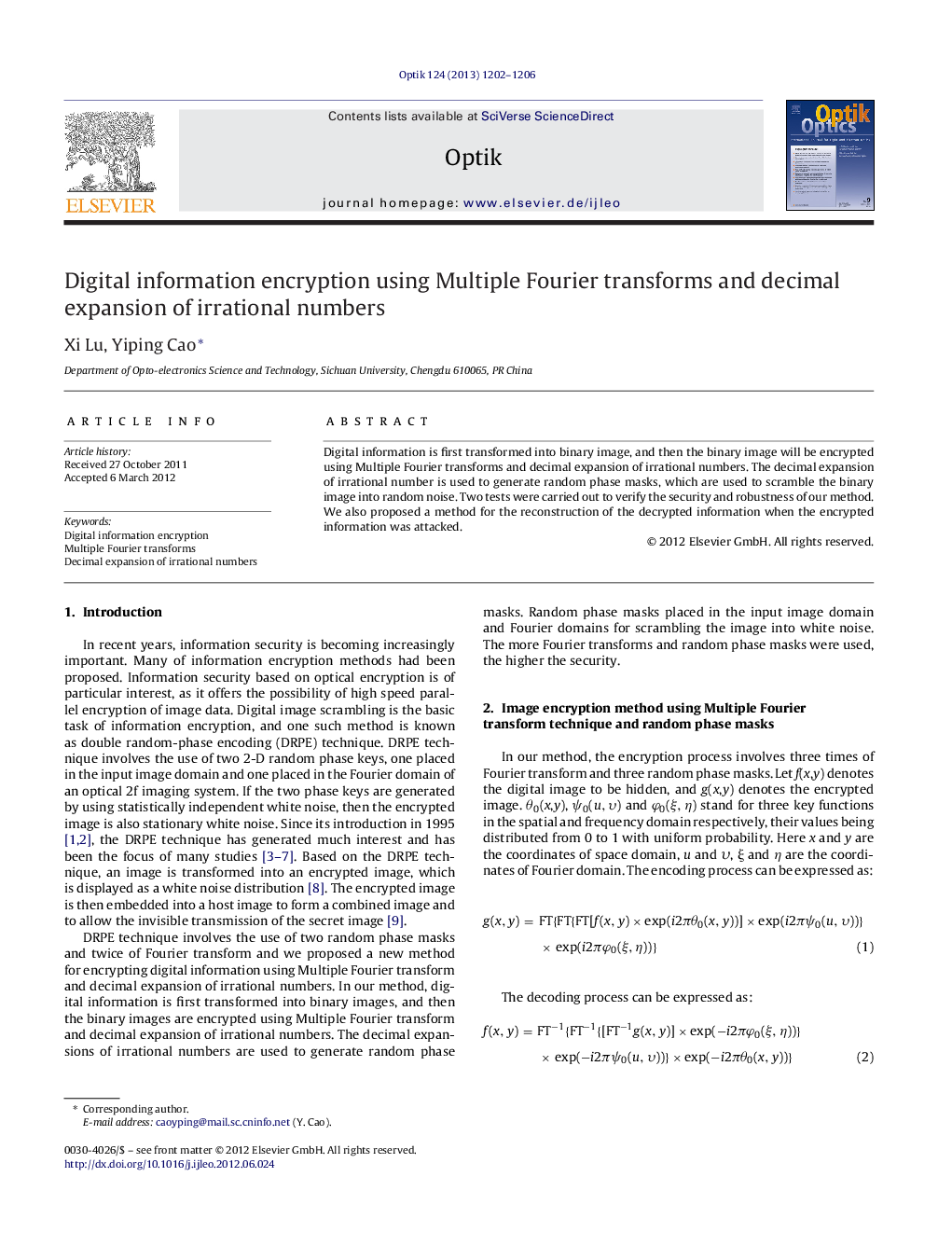 عکس صفحه اول مقاله: Digital information encryption using Multiple Fourier transforms and decimal expansion of irrational numbers Digital information encryption using Multiple Fourier transforms and decimal expansion of irrational numbers