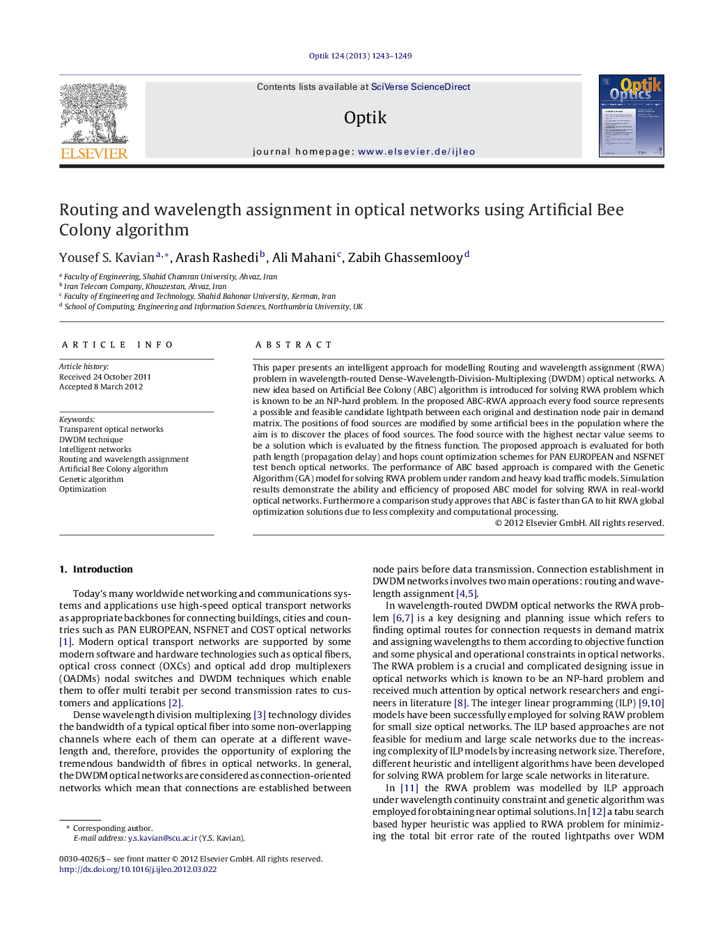 Routing and wavelength assignment in optical networks using Artificial Bee Colony algorithm