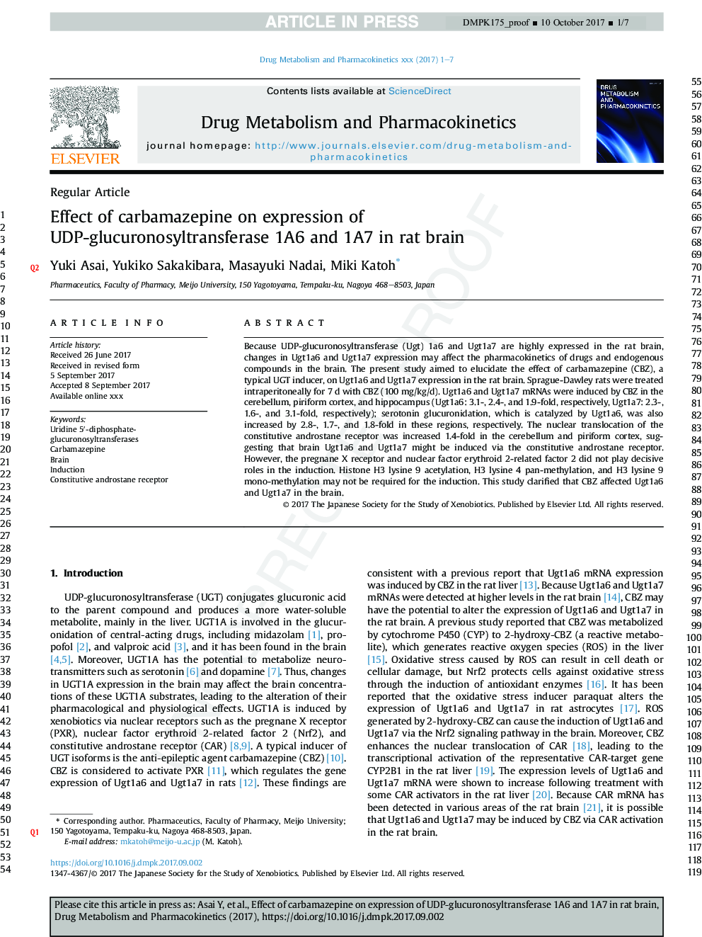 Effect of carbamazepine on expression of UDP-glucuronosyltransferase 1A6 and 1A7 in rat brain