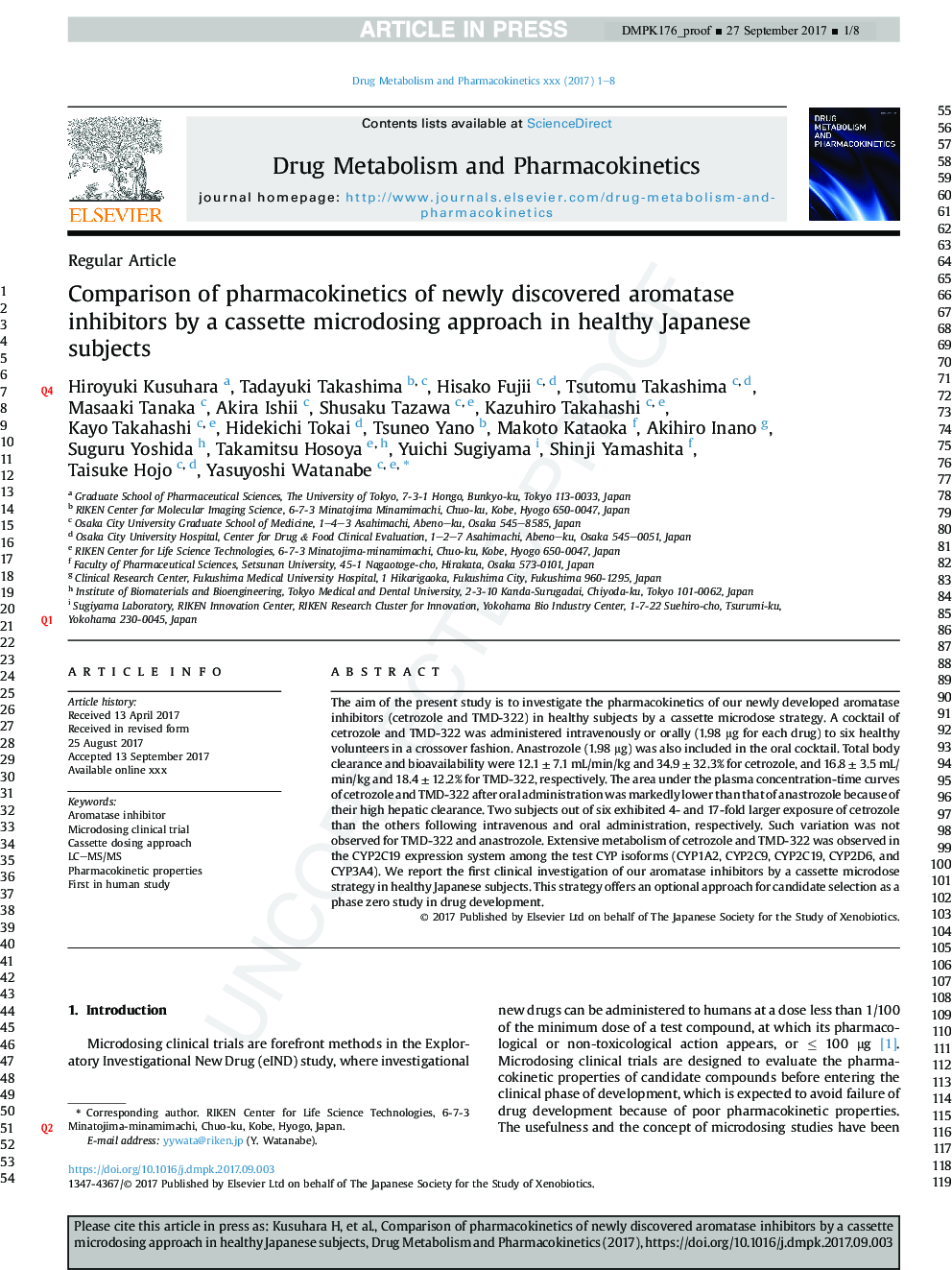 Comparison of pharmacokinetics of newly discovered aromatase inhibitors by a cassette microdosing approach in healthy Japanese subjects