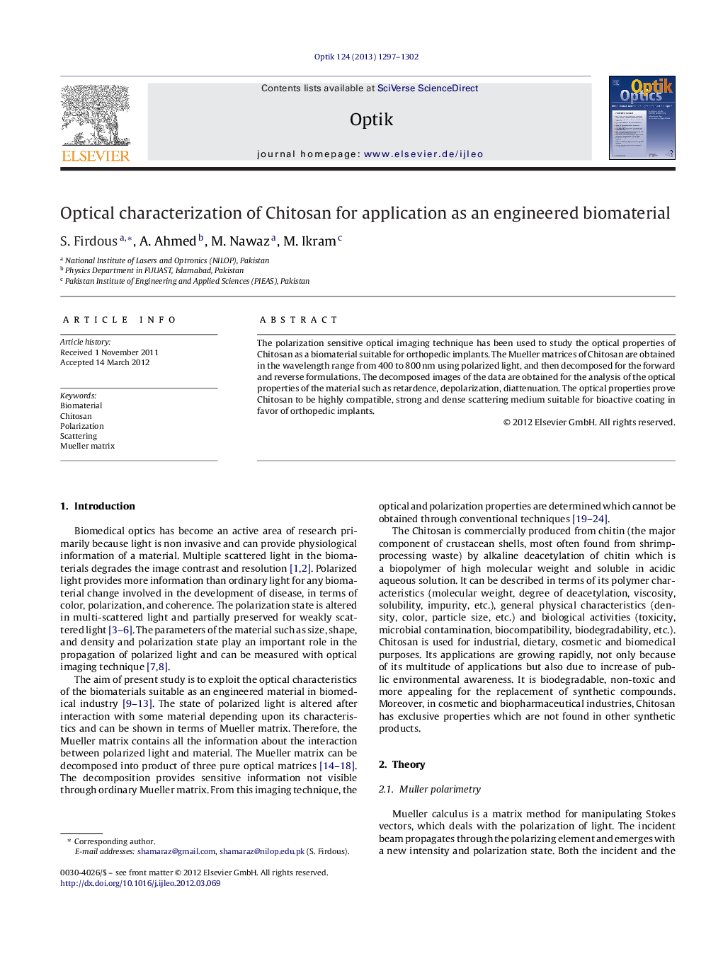 Optical characterization of Chitosan for application as an engineered biomaterial