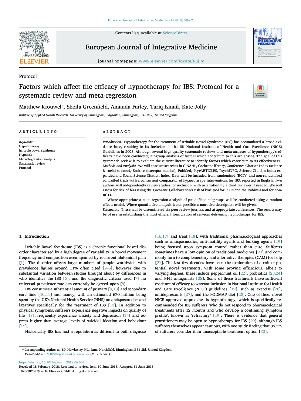 Factors which affect the efficacy of hypnotherapy for IBS: Protocol for a systematic review and meta-regression