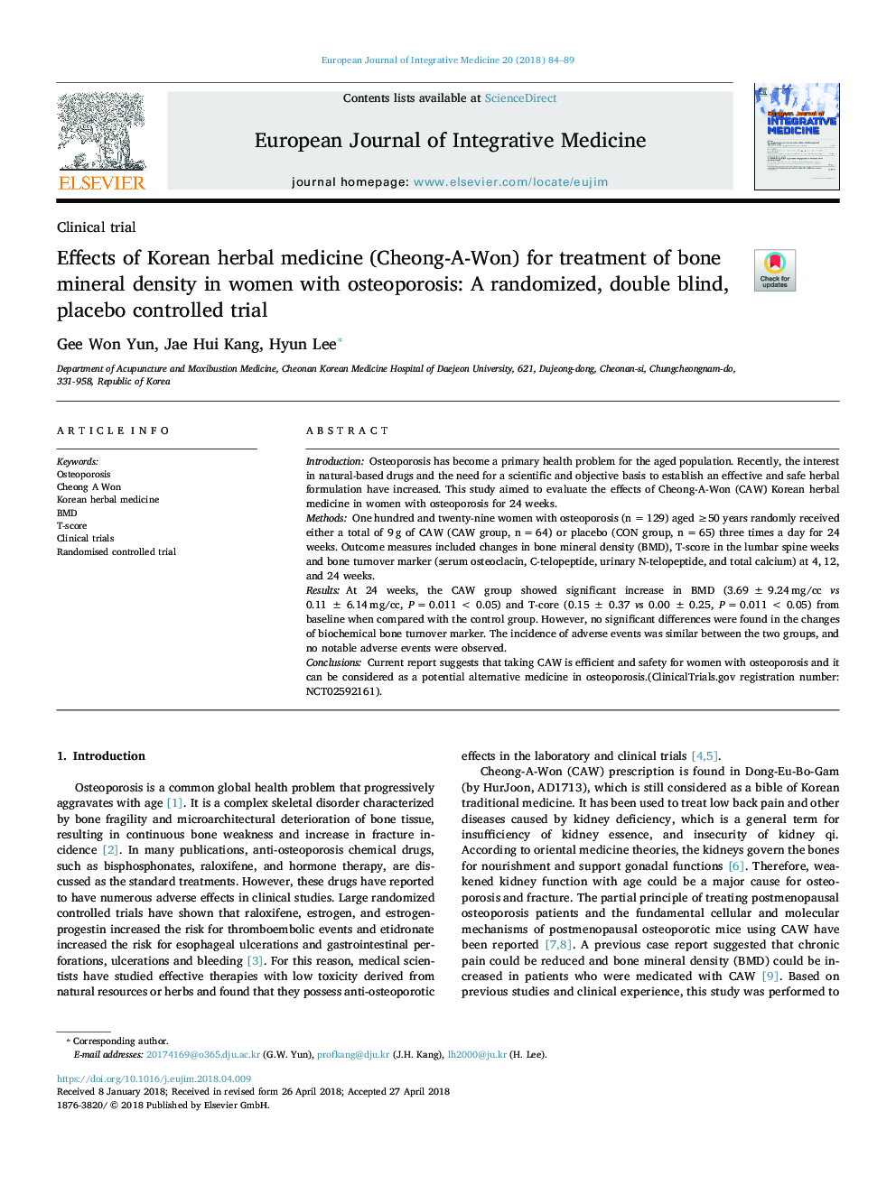 Effects of Korean herbal medicine (Cheong-A-Won) for treatment of bone mineral density in women with osteoporosis: A randomized, double blind, placebo controlled trial