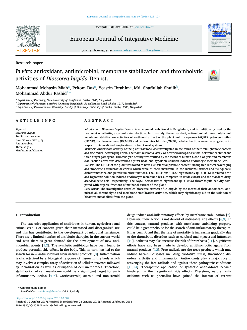 In vitro antioxidant, antimicrobial, membrane stabilization and thrombolytic activities of Dioscorea hispida Dennst.