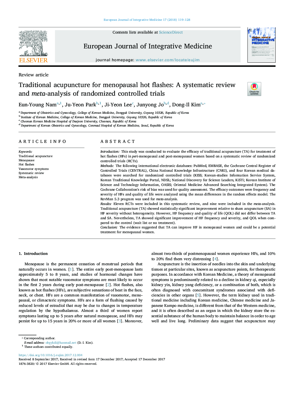 Traditional acupuncture for menopausal hot flashes: A systematic review and meta-analysis of randomized controlled trials