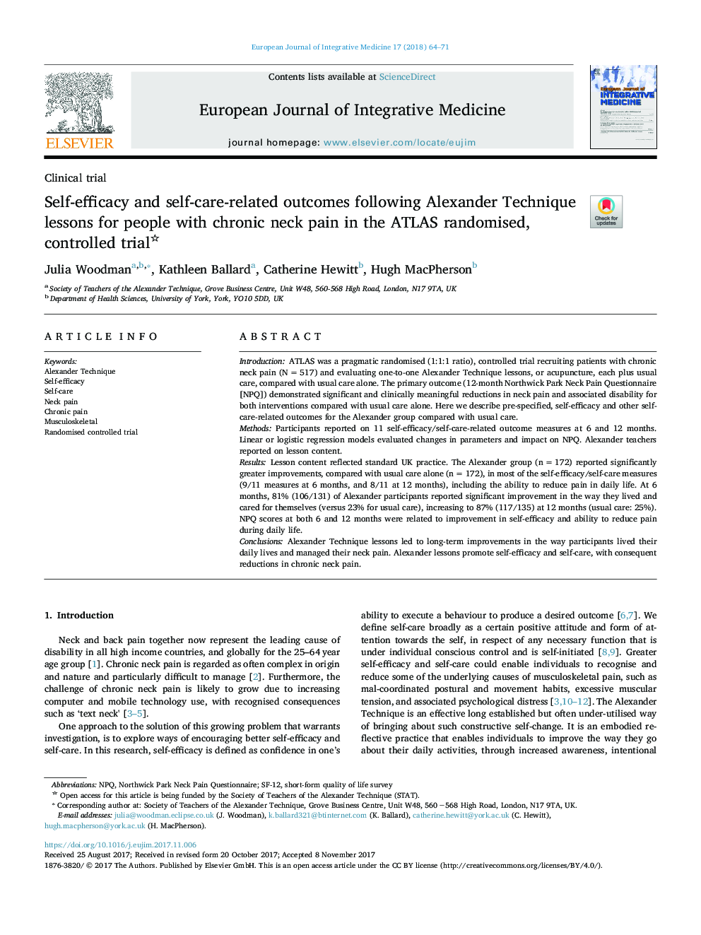 Self-efficacy and self-care-related outcomes following Alexander Technique lessons for people with chronic neck pain in the ATLAS randomised, controlled trial