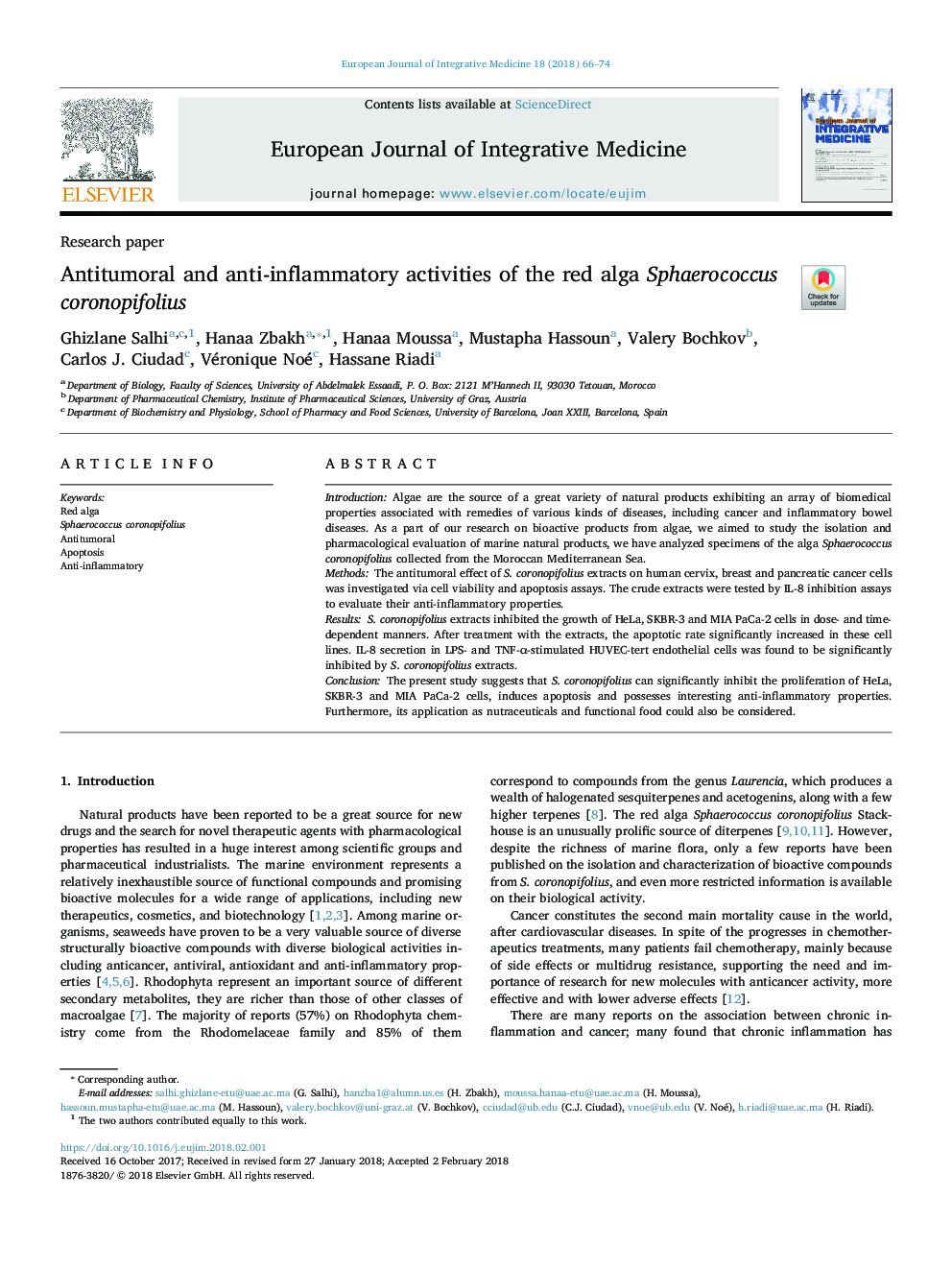 Antitumoral and anti-inflammatory activities of the red alga Sphaerococcus coronopifolius