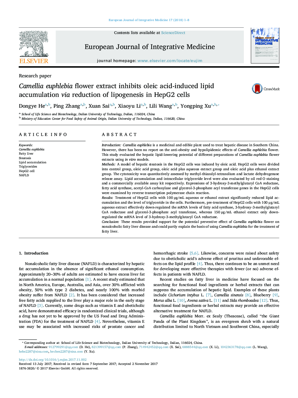 Camellia euphlebia flower extract inhibits oleic acid-induced lipid accumulation via reduction of lipogenesis in HepG2 cells