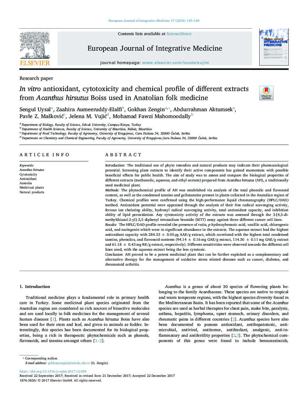 In vitro antioxidant, cytotoxicity and chemical profile of different extracts from Acanthus hirsutus Boiss used in Anatolian folk medicine