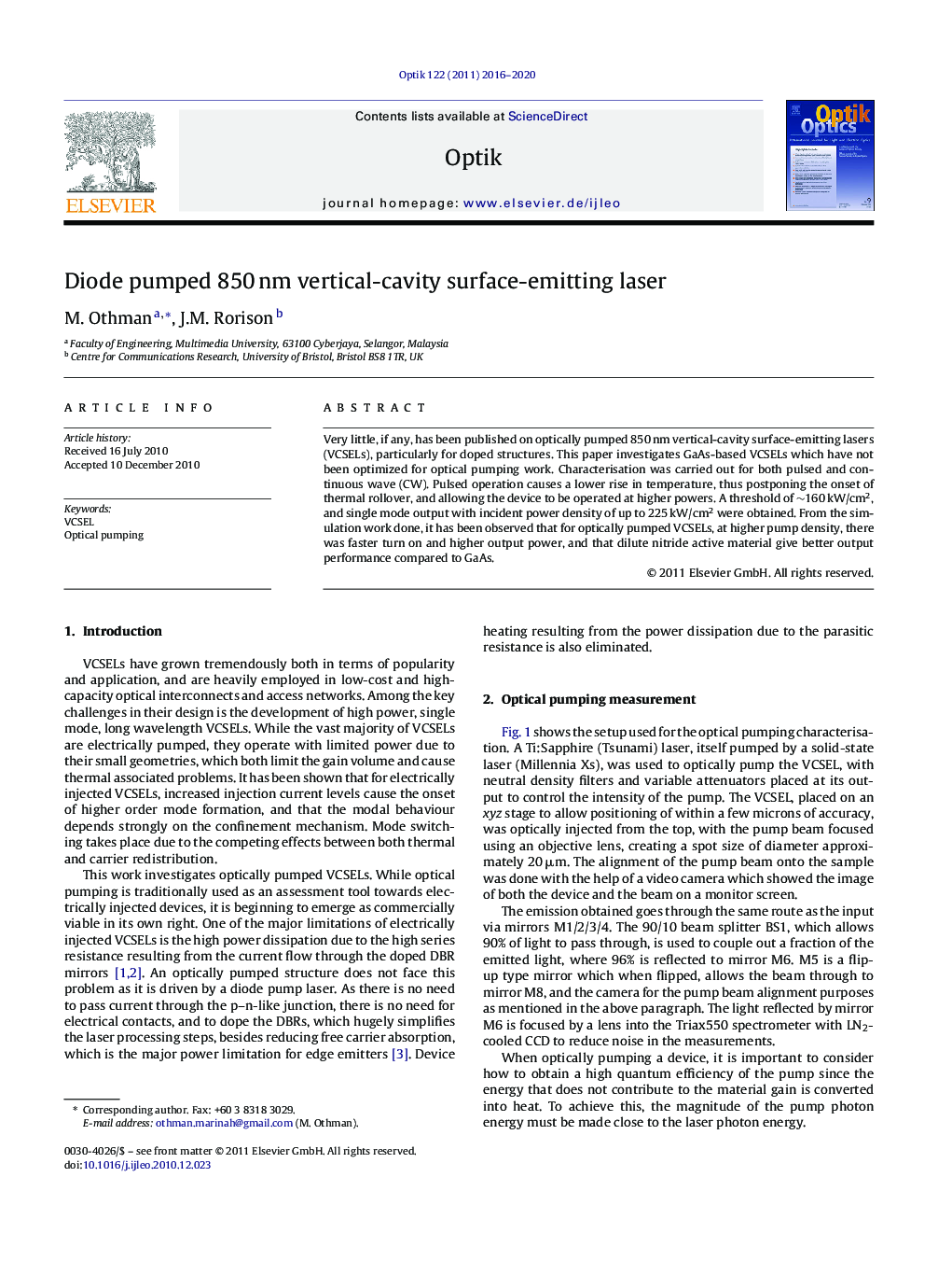 Diode pumped 850 nm vertical-cavity surface-emitting laser