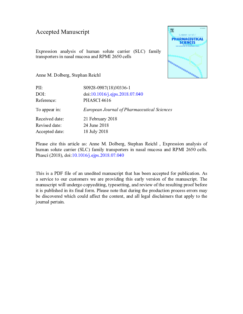 Expression analysis of human solute carrier (SLC) family transporters in nasal mucosa and RPMI 2650 cells