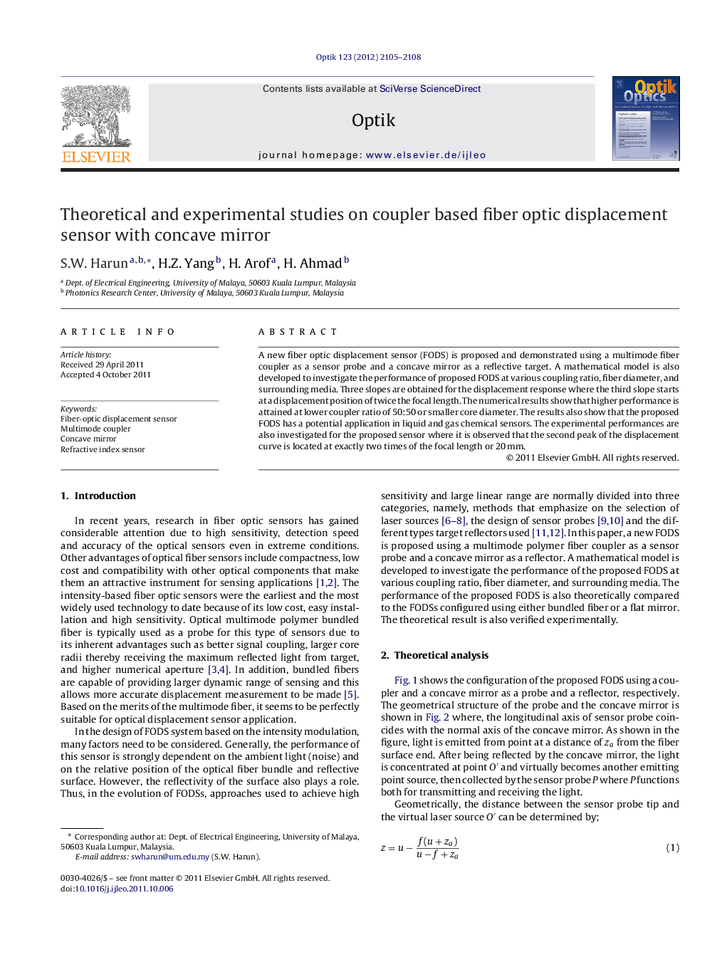 Theoretical and experimental studies on coupler based fiber optic displacement sensor with concave mirror