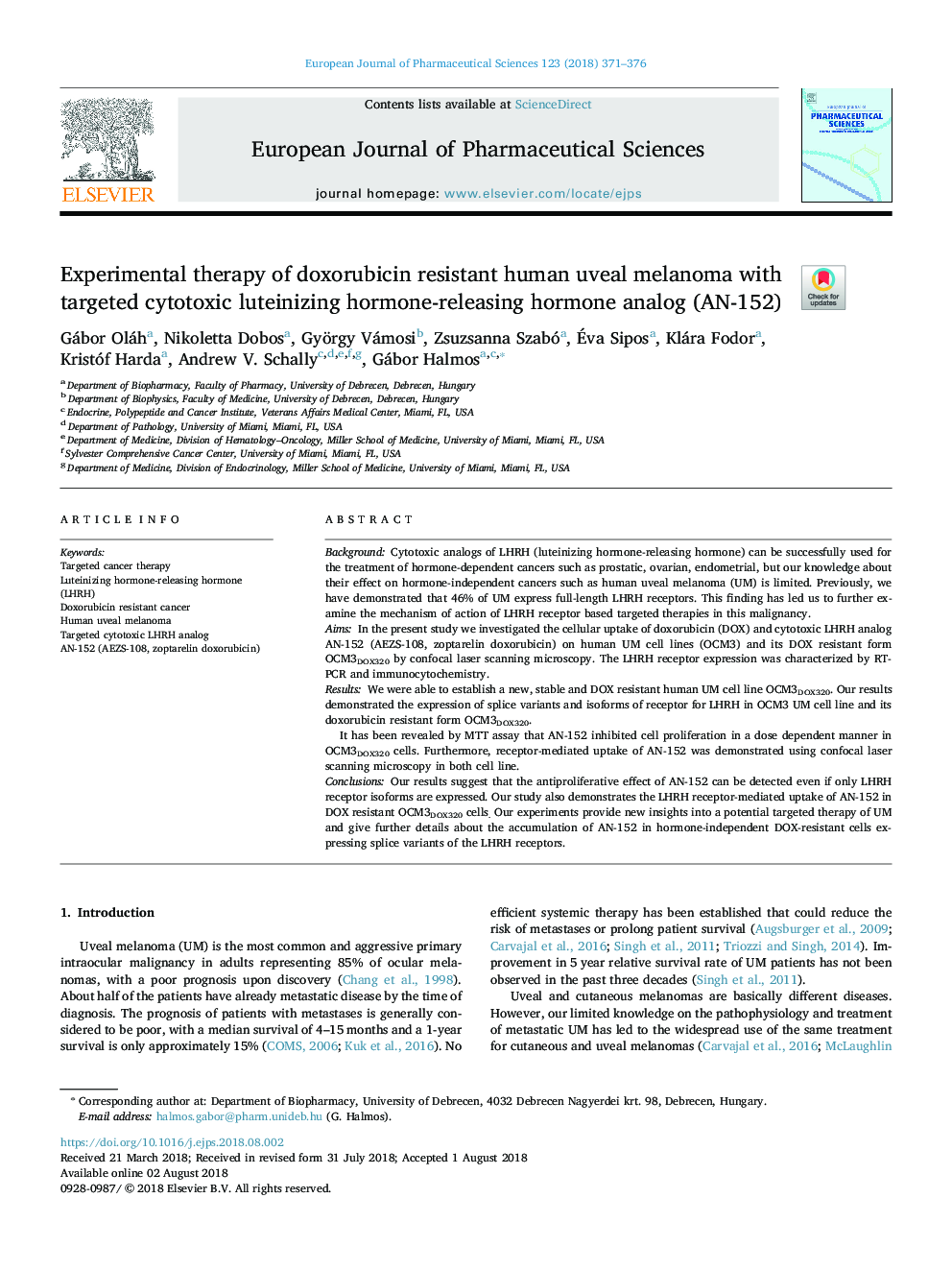 Experimental therapy of doxorubicin resistant human uveal melanoma with targeted cytotoxic luteinizing hormone-releasing hormone analog (AN-152)