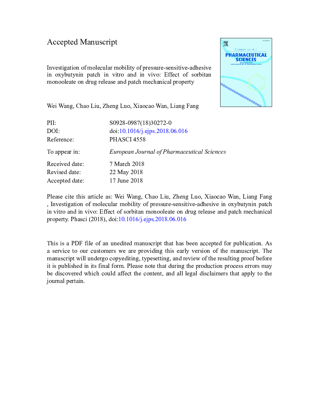 Investigation of molecular mobility of pressure-sensitive-adhesive in oxybutynin patch in vitro and in vivo: Effect of sorbitan monooleate on drug release and patch mechanical property